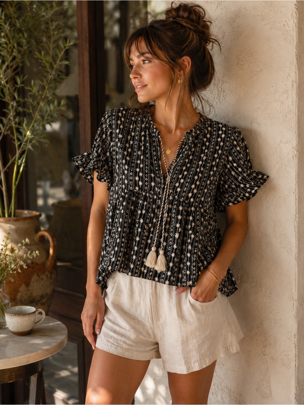 Black & Cream Embroidered Tassel Peplum Blouse | NWOT | Size Small